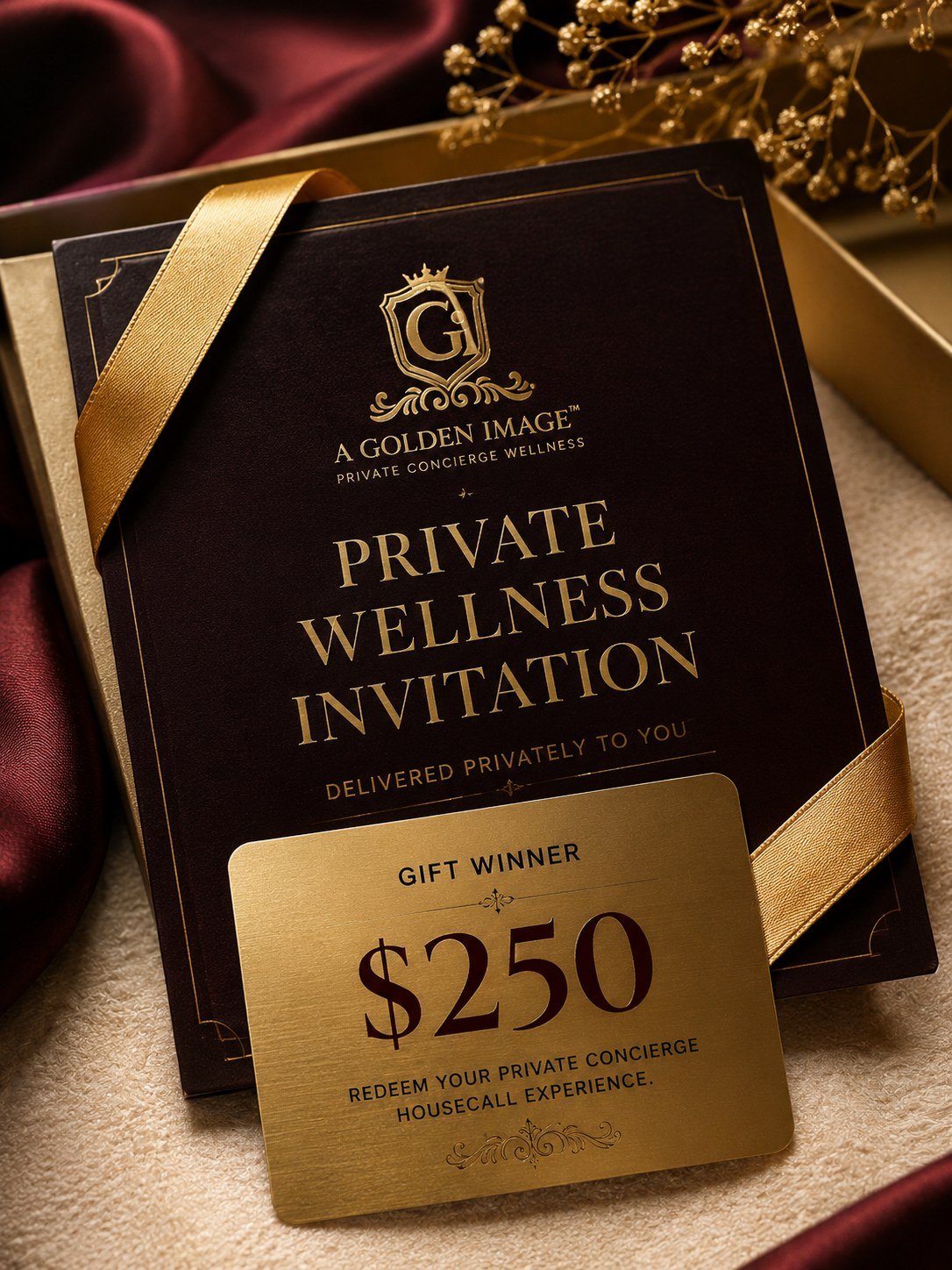 A Golden Image Private Wellness Invitation gift winner card